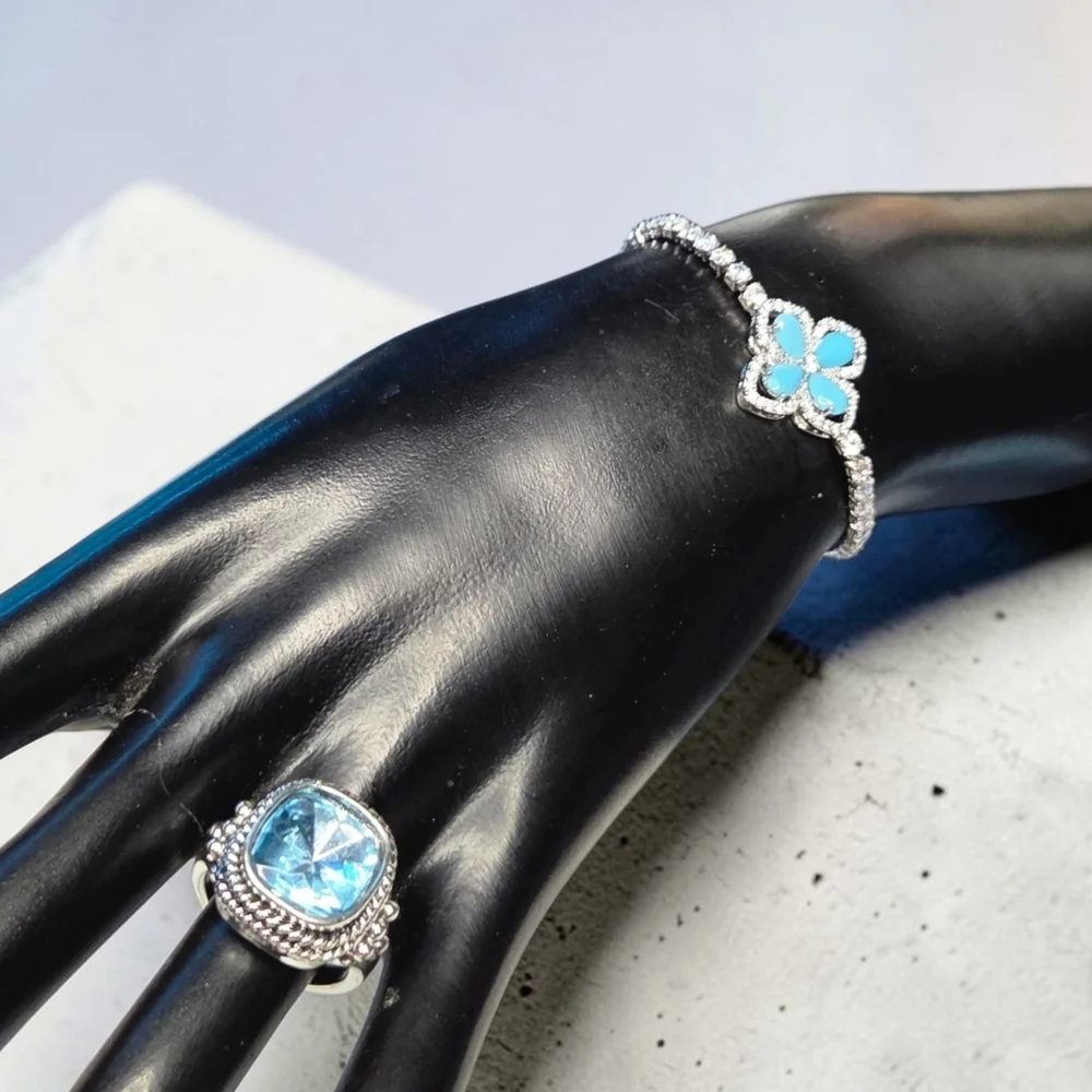 Luxury Silver Turquoise Clover Zircon Crystal Tennis Bracelet